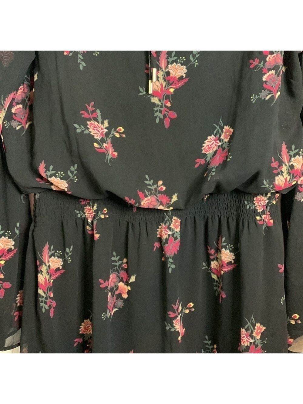 White House Black Market Black Floral Dress Bell Sleeve Pink Size Small Sheer - Picture 13 of 13